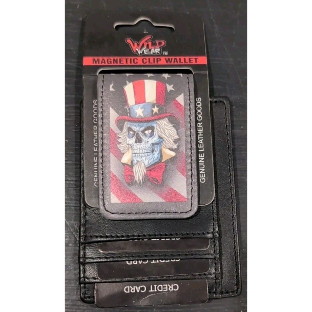Wild Wear Magnetic Clip Wallet Genuine Leather Skull Patriotic NEW